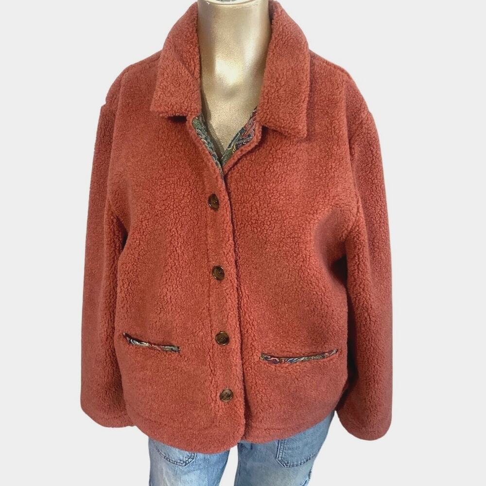 Vintage Orvis Salmon Women Large Fleece Teddy Bear Sherpa Jacket Tapestry